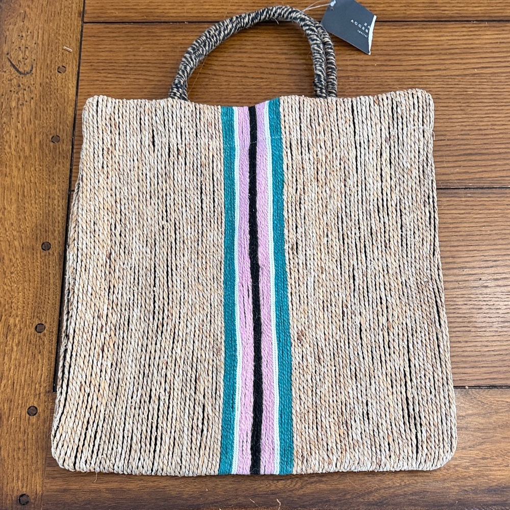 Zara Natural Tote with Pink, Blue, and Black Stripes